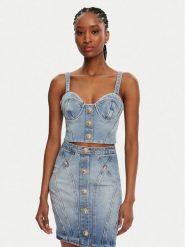 Balmain Top DF1AA345DE53 Niebieski Slim Fit. Niebieskie topy damskie Balmain, bez wzorów, z jeansu, bez kołnierzyka. Za 3,849.00 zł.