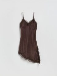 Sukienka mini - ciemnobrązowy. Brązowe sukienki damskie Reserved, na co dzień, l, bez wzorów, z lyocellu, bez kołnierzyka, bez ramiączek, mini, proste. Za 169.99 zł.