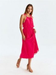 Sukienka midi z dekoracyjnym wiązaniem z motywem kwiatów - różowy. Czerwone sukienki damskie Sinsay, l, bez wzorów, bez kołnierzyka, bez ramiączek, midi. Za 59.99 zł.
