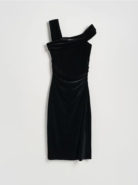 Welurowa sukienka midi - czarny. Czarne sukienki damskie Reserved, l, bez wzorów, z tkaniny, bez kołnierzyka, bez ramiączek, midi, dopasowane. Za 159.99 zł.
