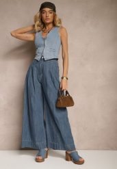 Granatowe Szerokie Jeansy z Bawełny High Waist Cohna. Niebieskie jeansy damskie Renee, z podwyższonym stanem. Za 129.99 zł.