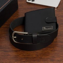 Zestaw prezentowy męski skórzany pasek portfel pudełko premium czarny Beltimore Z27. Czarne paski męskie bez wzorów. Za 129.99 zł.