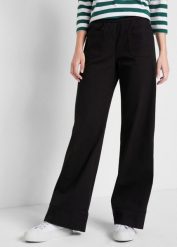 Spodnie twillowe high-waist z poszerzanymi nogawkami i wygodnym paskiem. Czarne spodnie materiałowe damskie bonprix, bez wzorów, z podwyższonym stanem. Za 129.99 zł.
