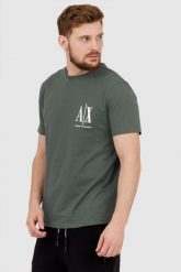 ARMANI EXCHANGE Szaro-zielony t-shirt męski z wyszywanym logo. Zielone t-shirty męskie Armani Exchange, l, bez wzorów, prążkowane, bez kołnierzyka. W wyprzedaży za 159.99 zł.