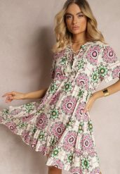 Różowa Sukienka z Wiskozowej Tkaniny w Mozaikowy Wzór Boho Naviera. Czerwone sukienki damskie Renee, na imprezę, na lato, l, bez wzorów, z tkaniny, boho, bez kołnierzyka, bez ramiączek, mini. W wyprzedaży za 69.99 zł.