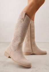 Ciemnobeżowe Ażurowe Botki Kowbojki z Geometryczną Ozdobą Naeraste. Brązowe botki damskie Renee, z jeansu, bez obcasa, na płaskiej podeszwie, bez zapięcia. Za 149.99 zł.