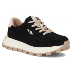 Skórzane półbuty sneakersy na platformie czarne Filippo DP7498. Czarne półbuty damskie Filippo, bez wzorów, ze skóry, sportowe, bez obcasa, na platformie. Za 219.99 zł.