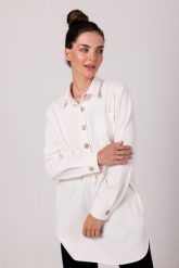 Nowoczesna Koszulowa Tunika - Śmietankowa. Białe tuniki damskie MOE, l, bez wzorów, z materiału, bez kołnierzyka, bez ramiączek. Za 296.90 zł.