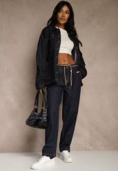 Niebieskie Szerokie Jeansy z Bawełny High Waist Ozdobione Sznurkiem Landa. Niebieskie jeansy damskie Renee, z podwyższonym stanem. Za 99.99 zł.