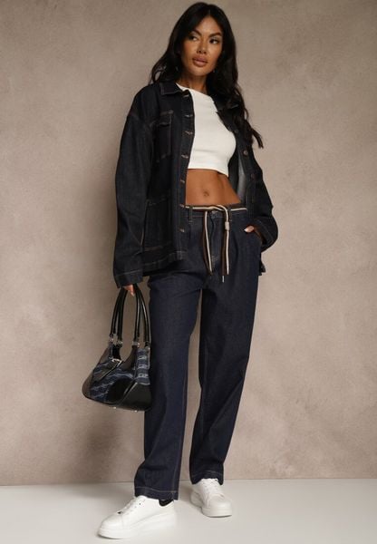 Niebieskie Szerokie Jeansy z Bawełny High Waist Ozdobione Sznurkiem Landa. Niebieskie jeansy damskie Renee, z podwyższonym stanem. Za 99.99 zł.