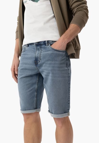 Niebieskie szorty jeansowe E-MEXT. Niebieskie szorty męskie Volcano, z jeansu, bez kołnierzyka. Za 159.99 zł.