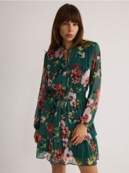 Wzorzysta sukienka mini - zielony. Zielone sukienki damskie Reserved, l, bez wzorów, z tkaniny, bez kołnierzyka, bez ramiączek, mini, rozkloszowane. W wyprzedaży za 69.99 zł.