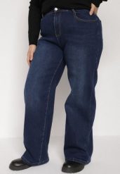 Granatowe Ocieplane Jeansy o Szerokim Kroju z Bawełną i Wysokim Stanem Mevidia. Niebieskie jeansy damskie Born2be, z podwyższonym stanem. Za 109.99 zł.