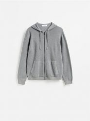 Rozpinany sweter z kapturem - ciemnoszary. Szare kardigany męskie Reserved, l, bez wzorów, z bawełny, bez kołnierzyka. Za 139.99 zł.