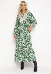 Zielona Rozkloszowana Sukienka Maxi z Falbanką Tinamessa. Zielone sukienki damskie Born2be, l, bez wzorów, z materiału, bez kołnierzyka, bez ramiączek, maxi, rozkloszowane. W wyprzedaży za 119.99 zł.