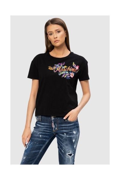 MOSCHINO Czarny t-shirt damski z logo i kwiatami, Rozmiar XS. Czarne t-shirty damskie MOSCHINO, s, bez wzorów, prążkowane, bez kołnierzyka. W wyprzedaży za 252.99 zł.