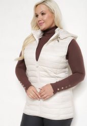 Jasnobeżowa Pikowana Kamizelka z Odpinanym Kapturem i Ściągaczami Savarielle. Brązowe kamizelki damskie Born2be, xl, z materiału. Za 129.99 zł.