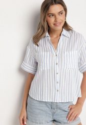 Niebieska Koszula z Lnu i Wiskozy o Kroju Oversize Restia. Niebieskie koszule damskie Born2be, na lato, m, bez wzorów, z tkaniny, biznesowe, bez kołnierzyka, bez ramiączek. Za 99.99 zł.