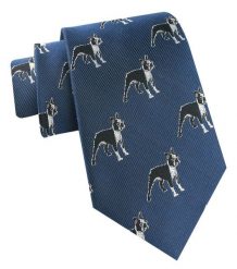 Jedwabny Krawat Męski - His Story - Niebieski, Wzór Psów (Boston Terrier). Niebieskie krawaty i muchy męskie His Story, bez wzorów, z jedwabiu, eleganckie. Za 115.00 zł.