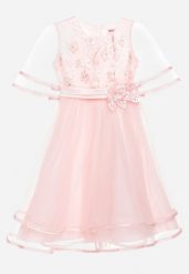 Różowa Tiulowa Rozkloszowana Sukienka z Paskiem Ozdobionym Kwiatami Niriwa. Czerwone sukienki niemowlęce Born2be, bez wzorów, z tiulu, bez ramiączek. Za 34.99 zł.