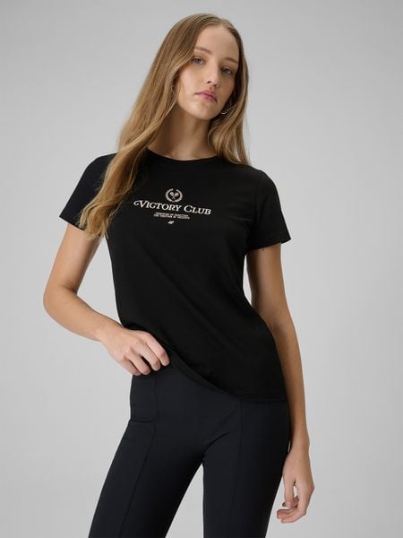 4F T-shirt regular z nadrukiem damski - czarny L. Czarne t-shirty damskie 4f, l, bez wzorów, z dzianiny, bez kołnierzyka. Za 59.99 zł.