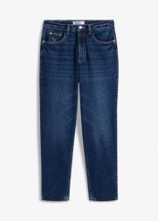 Dżinsy mom, high waist, low stretch, cropped. Niebieskie jeansy damskie bonprix, z podwyższonym stanem. Za 124.99 zł.