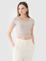 4F T-shirt crop top gładki damski - beżowy M. Brązowe t-shirty damskie 4f, m, bez wzorów, z bawełny, bez kołnierzyka. W wyprzedaży za 19.99 zł.