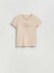 T-shirt z nadrukiem - beżowy. Brązowe t-shirty damskie Reserved, l, bez wzorów, z bawełny, bez kołnierzyka. Za 49.99 zł.