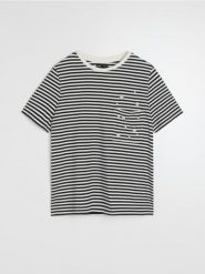 Koszulka w poziome paski z ozdobnymi dżetami - wielobarwny. T-shirty damskie Sinsay, l, bez wzorów, bez kołnierzyka. W wyprzedaży za 13.99 zł.