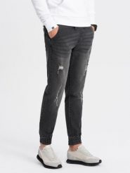 Męskie spodnie jeansowe JOGGERY z przetarciami - czarne V2 - Rozmiar: L. Czarne spodnie materiałowe męskie Ombre Clothing, bez wzorów, z bawełny. W wyprzedaży za 69.99 zł.