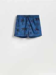 Szorty plażowe ze wzorem - granatowy. Niebieskie szorty męskie Reserved, z tkaniny, bez kołnierzyka. W wyprzedaży za 39.99 zł.