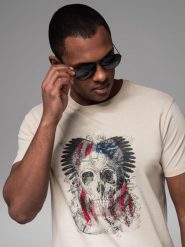 Bawełniany t-shirt męski z nadrukiem w stylu rockowym – kremowy V1 OM-TSPT-0199 - XXL. Białe t-shirty męskie Ombre Clothing, l, bez wzorów, z bawełny, bez kołnierzyka. Za 59.99 zł.