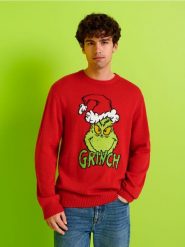 Sweter Grinch - koralowy. Pomarańczowe swetry męskie Sinsay, l, bez wzorów, bez kołnierzyka. Za 69.99 zł.