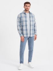 Spodnie męskie jeansowe bez przetarć SLIM FIT - niebieskie V3. Niebieskie spodnie sportowe męskie Ombre Clothing, z bawełny. W wyprzedaży za 59.99 zł.