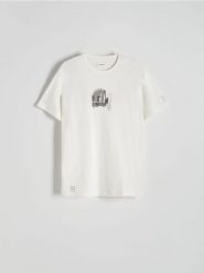 T-shirt regular z merceryzowanej bawełny - złamana biel. T-shirty męskie Reserved, l, bez wzorów, z bawełny, bez kołnierzyka. W wyprzedaży za 49.99 zł.