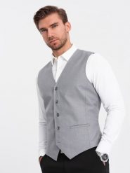 Dopasowana męska kamizelka z rayonem i marmurkowymi guzikami – szara V3 OM-BLZV-0112 - XXL. Szare kamizelki męskie Ombre Clothing, l, z poliesteru. Za 143.99 zł.
