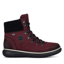 Botki Rieker. Czerwone botki damskie Rieker, bez obcasa, na płaskiej podeszwie, bez zapięcia. Za 279.99 zł.