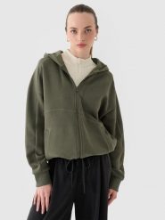 4F Bluza dresowa rozpinana z kapturem damska - oliwkowa/khaki S. Brązowe bluzy sportowe damskie 4f, s, z bawełny. W wyprzedaży za 79.99 zł.