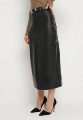 Czarna Długa Spódnica High Waist z Imitacji Skóry z Dodatkowym Paskiem i Rozcięciem Wyneti. Czarne spódniczki damskie Born2be, l, bez wzorów, ze skóry, eleganckie, z podwyższonym stanem, maxi, koszulowe. Za 159.99 zł.