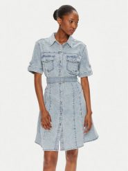 Morgan Sukienka jeansowa 241-RIXES Niebieski Regular Fit. Niebieskie sukienki damskie Morgan, bez wzorów, z bawełny, bez kołnierzyka, bez ramiączek. Za 239.99 zł.
