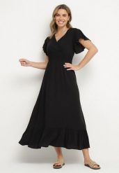 Czarna Wiskozowa Kopertowa Sukienka o Rozkloszowanym Kroju Nellrive. Czarne sukienki damskie Born2be, na co dzień, l, bez wzorów, z wiskozy, eleganckie, bez kołnierzyka, bez ramiączek, maxi, kopertowe. W wyprzedaży za 63.99 zł.