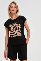 T-shirt z geometrycznym nadrukiem czarny. Czarne t-shirty damskie MOODO, l, bez wzorów, z bawełny, bez kołnierzyka. Za 39.99 zł.