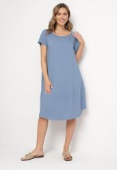 Niebieska Rozkloszowana Wiskozowa Sukienka Trivoria. Niebieskie sukienki damskie Born2be, na co dzień, l, bez wzorów, z materiału, eleganckie, bez kołnierzyka, bez ramiączek, midi, rozkloszowane. W wyprzedaży za 55.99 zł.