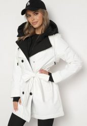 Biała Kurtka Płaszcz z Kapturem Dwurzędowa z Paskiem w Talii Eriviana. Białe kurtki damskie Born2be, l, bez wzorów, z jeansu, eleganckie. Za 269.99 zł.
