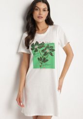 Biała Bawełniana Sukienka o Kroju Typu T-shirt Zdobiona Nadrukiem Nevolira. Białe sukienki damskie Born2be, l, z aplikacjami, z bawełny, bez kołnierzyka. Za 34.99 zł.