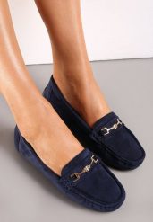 Granatowe Mokasyny z Cholewką przed Kostkę z Przeszyciami i Ozdobnym Paskiem Alydora. Niebieskie mokasyny damskie Renee. Za 69.99 zł.