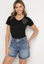 Czarny T-shirt z Bawełny z Cyrkoniowym Wzorem Uliavira. Czarne t-shirty damskie Born2be, l, z aplikacjami, z bawełny, bez kołnierzyka. Za 29.99 zł.