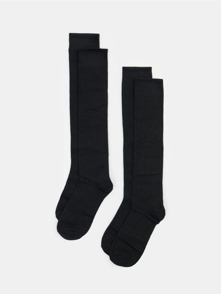 Prążkowane podkolanówki z bawełną 2 pack - czarny. Czarne skarpetki damskie Sinsay, bez wzorów, z bawełny. Za 12.99 zł.