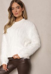 Biały Sweter o Futrzanym Wykończeniu z Wełną Meriaune. Białe swetry klasyczne damskie Renee, na zimę, z futra, bez kołnierzyka. Za 69.99 zł.