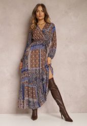 Niebiesko-Brązowa Sukienka Rozkloszowana w Patchworkowy Wzór Balmi. Niebieskie sukienki damskie Renee, na co dzień, s, bez wzorów, boho, bez kołnierzyka, bez ramiączek, maxi, rozkloszowane. W wyprzedaży za 97.99 zł.